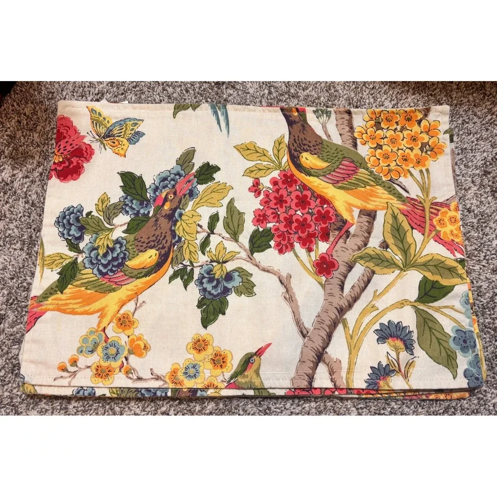 World Market Whippoorwill Placemats Napkins Set 4pc Cream Floral Bird Excellent